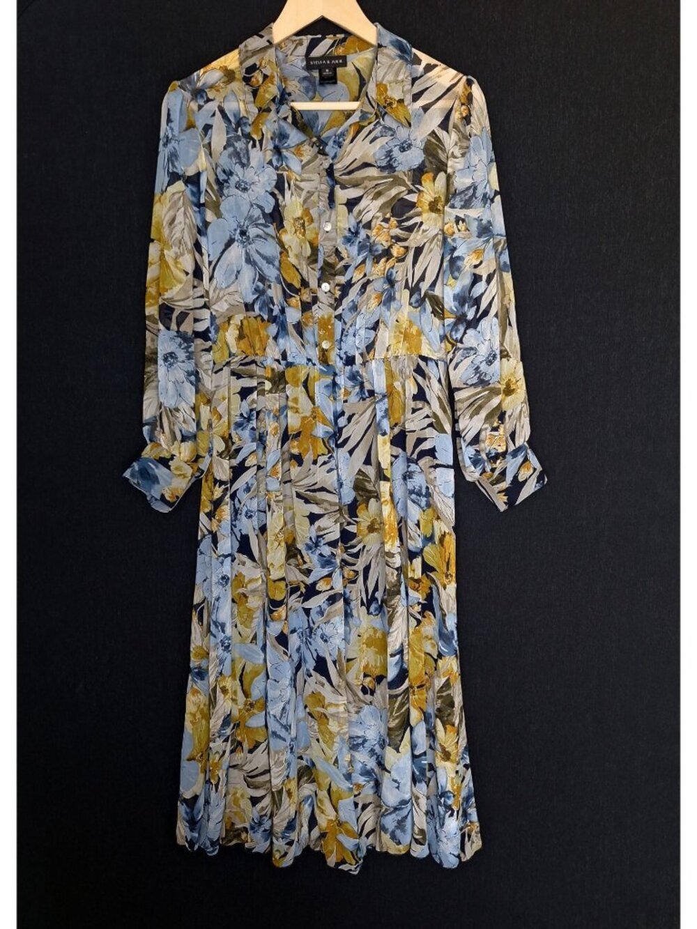 💙 Stella & Julie Floral Shirt Dress Size 8 Blue Yellow Button Front Long Sleeve